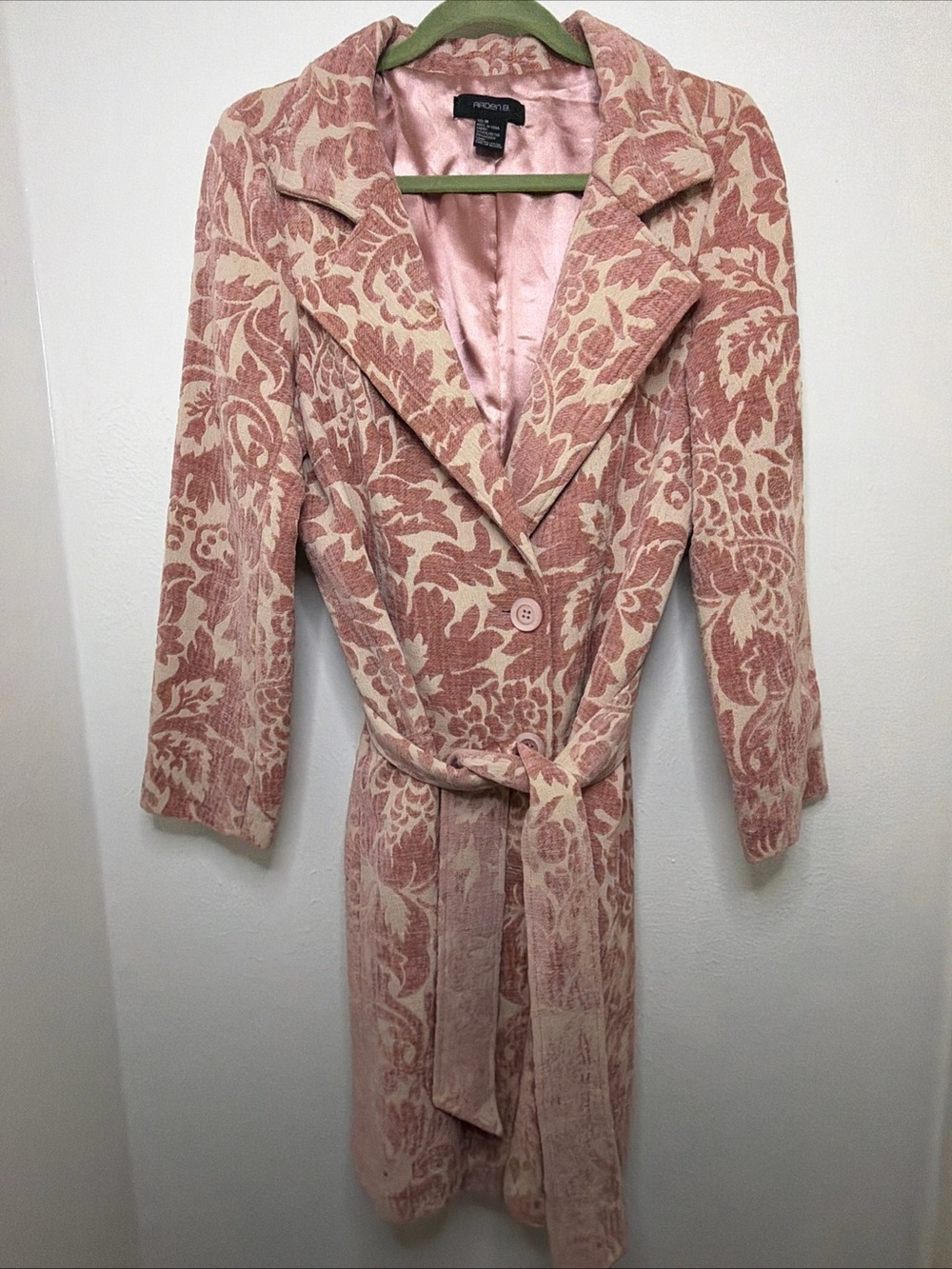 Y2K Arden B. blush pink floral brocade tapestry trench coat size medium